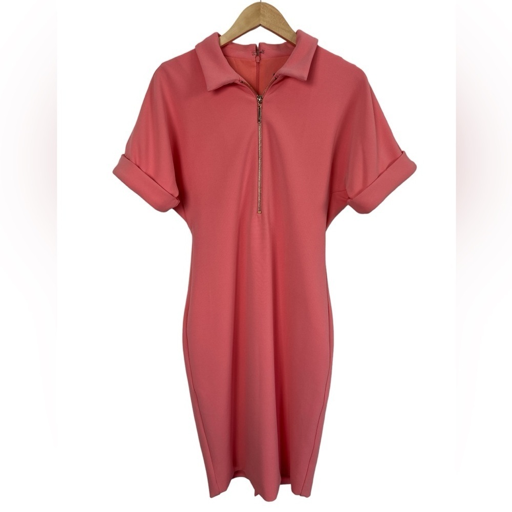 Badgley Mischka 80s Mod‎ Preppy Polo Style Pique Knit Dress Shell Coral Pink